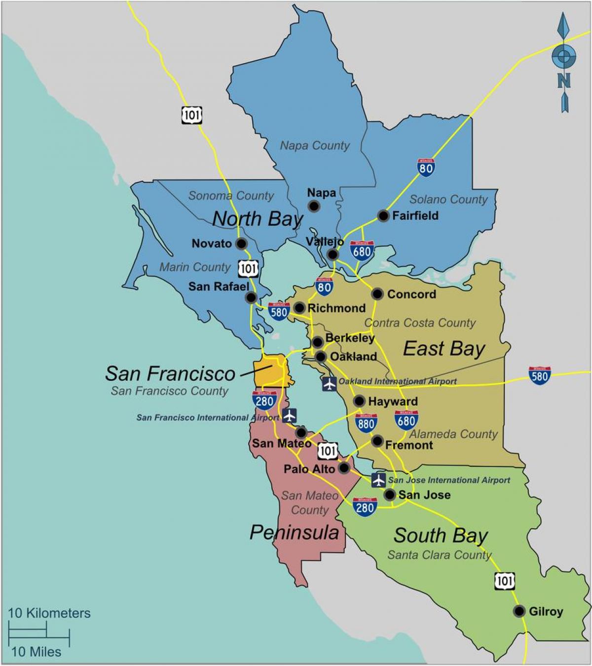 지도의 사우스 샌프란시스코 베이 지역