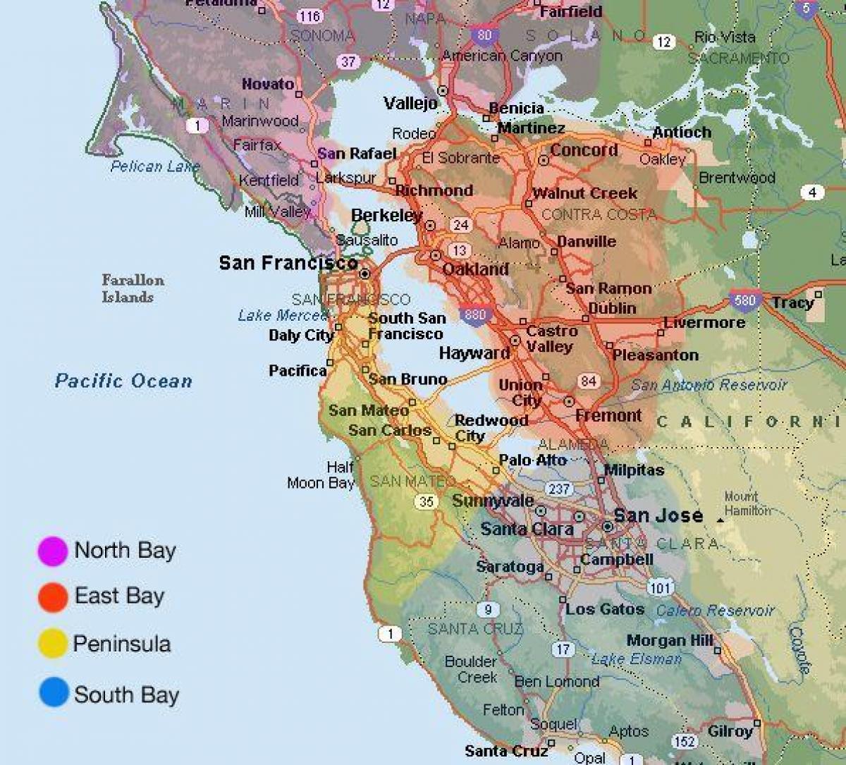 샌프란시스코 지역의 지도와 주변 지역